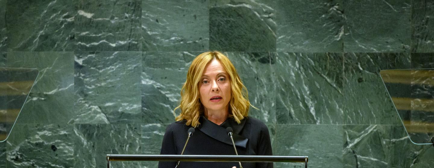 意大利总理梅洛尼在联大一般性辩论上发言。