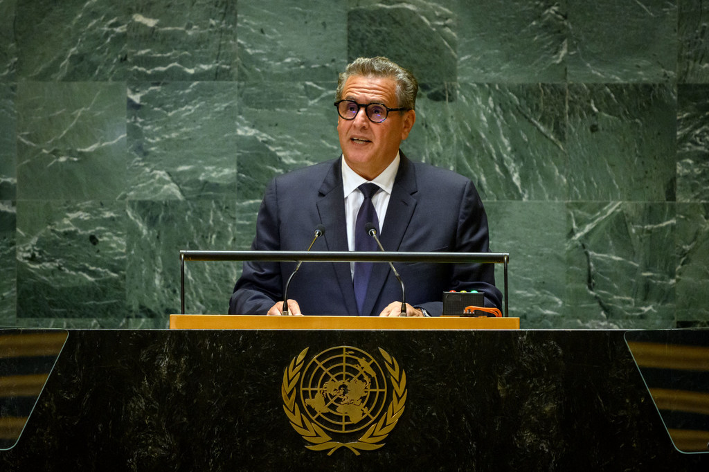 عزيز أخنوش رئيس الحكومة المغربية يلقي كلمة بلاده في المناقشة العامة للجمعية العامة للأمم المتحدة.