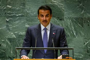  أمير دولة قطر الشيخ تميم بن حمد آل ثاني يلقي كلمة بلاده أمام الدورة التاسعة والسبعين للجمعية العامة للأمم المتحدة اليوم الثلاثاء.