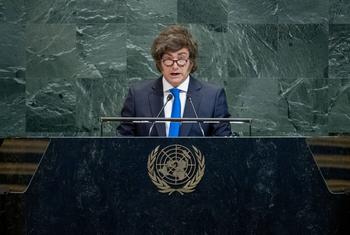 阿根廷总统哈维尔·米莱在纽约举行的联合国第八十届会议上发表讲话。