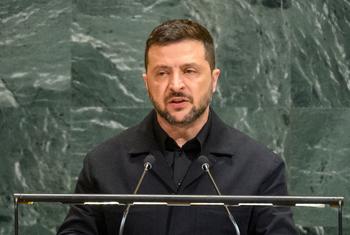Rais Volodymyr Zelensky wa Ukraine akihutubia mjadala mkuu wa kikao cha themanini cha Baraza Kuu.