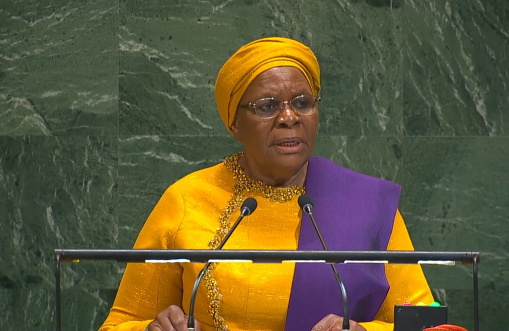 Netumbo Nandi-Ndaitwah, Rais wa Namibia akihutubia  akihutubia mjadala mkuu wa mkutano wa 80 wa Baraza Kuu la UN