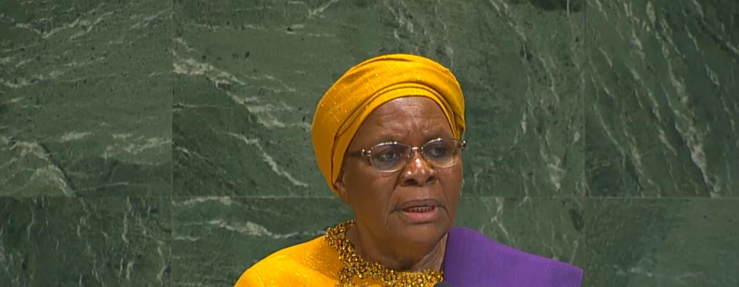 Netumbo Nandi-Ndaitwah, Rais wa Namibia akihutubia  akihutubia mjadala mkuu wa mkutano wa 80 wa Baraza Kuu la UN