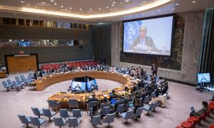 Vista del Consejo de Seguridad con el Secretario General de la ONU, António Guterres, participando por videoconferencia.