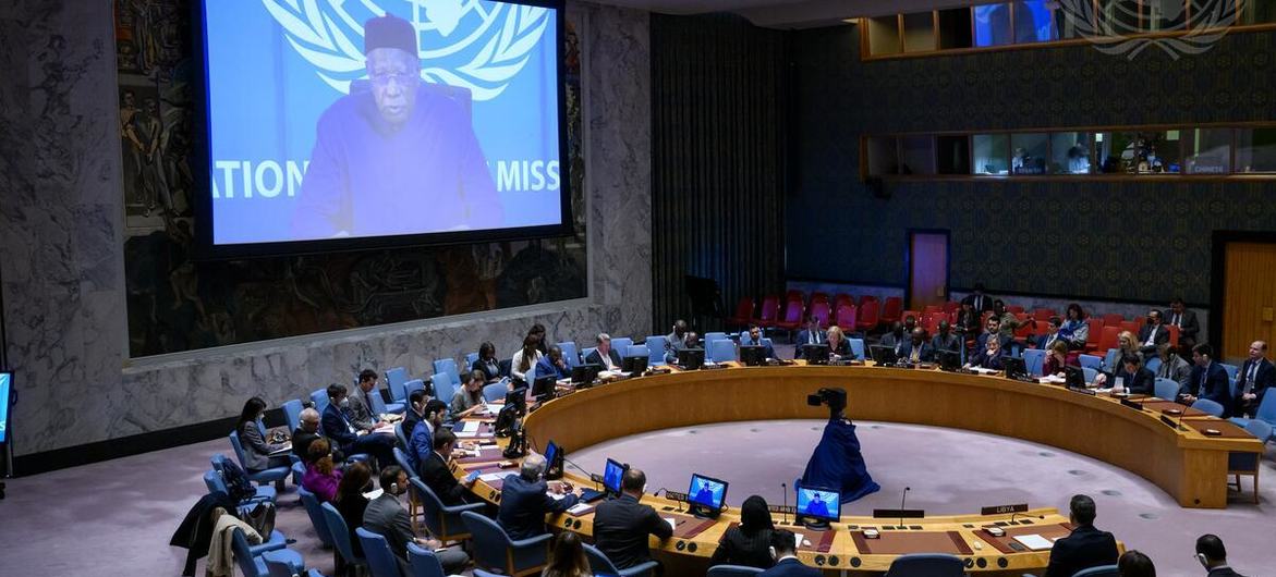 Abdoulaye Bathily (on screen), Special Representative of the Secretary-General for Libya and Head of the United Nations Support Mission in Libya, briefs the Security Council meeting on the situation in Libya.