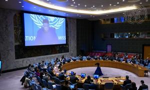 Abdoulaye Bathily (on screen), Special Representative of the Secretary-General for Libya and Head of the United Nations Support Mission in Libya, briefs the Security Council meeting on the situation in Libya.