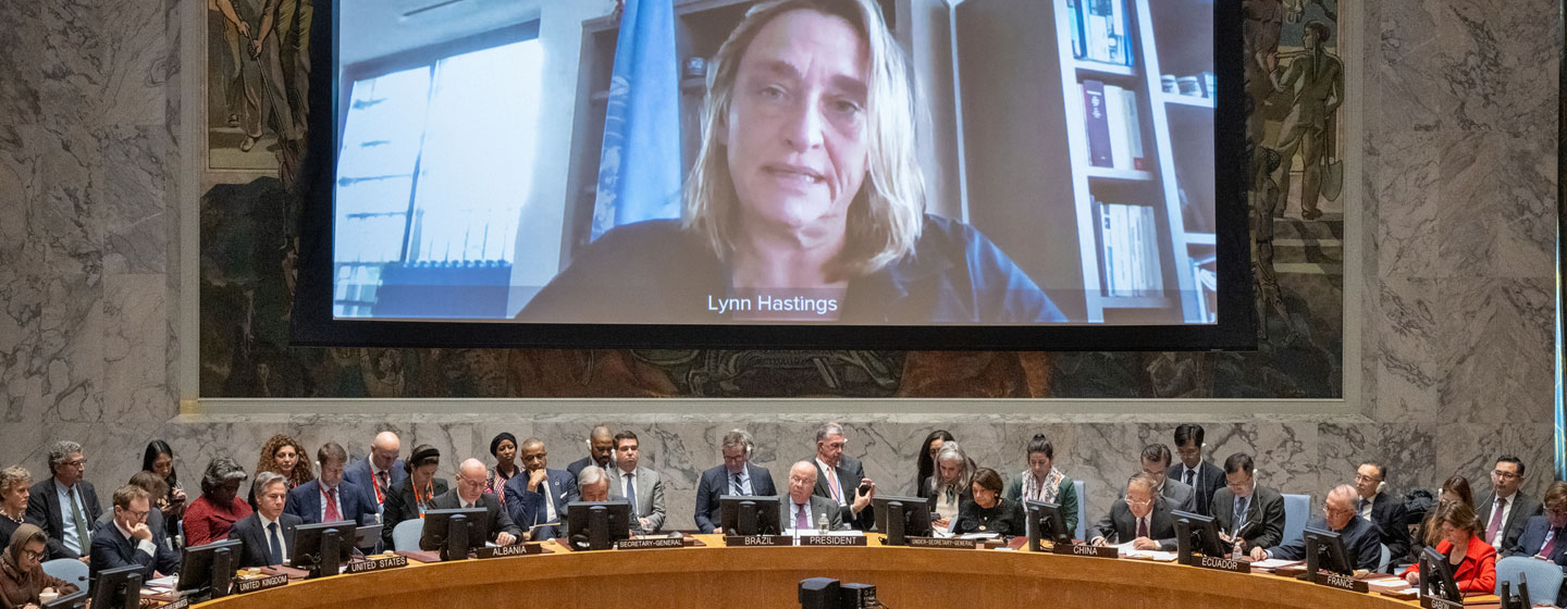 لين هاستينغز منسقة الأمم المتحدة للشؤون الإنسانية في الأرض الفلسطينية المحتلة، تتحدث أمام مجلس الأمن الدولي.