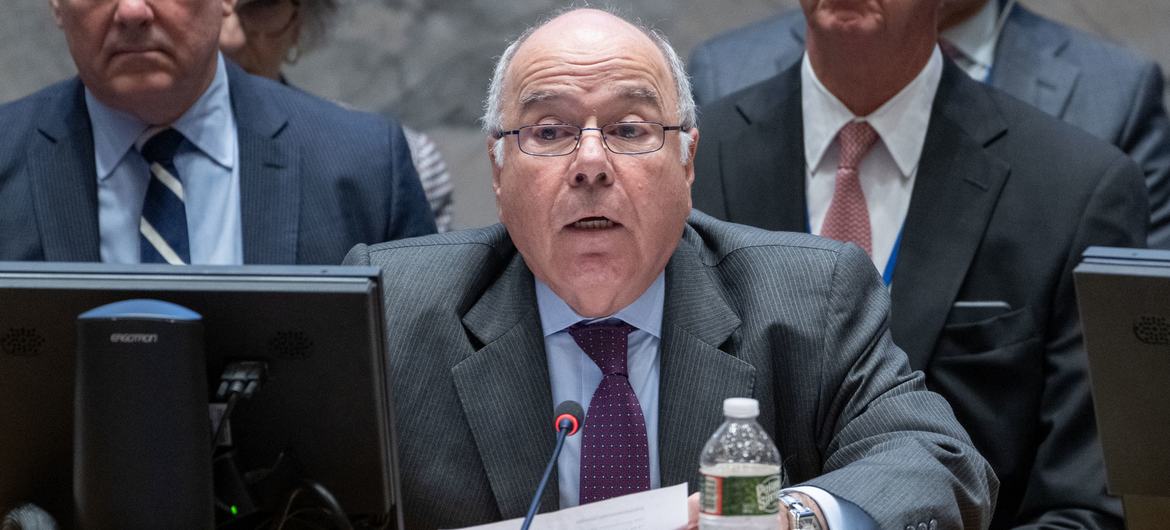 Foreign Minister Mauro Vieira of Brazil  addresses the UN Security Council meeting on the situation in the Middle East, including the Palestinian Question.