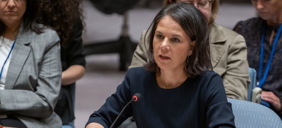 Foreign Minister Annalena Baerbock of Germany addresses the Security Council meeting on the situation in the Middle East, including the Palestinian question.