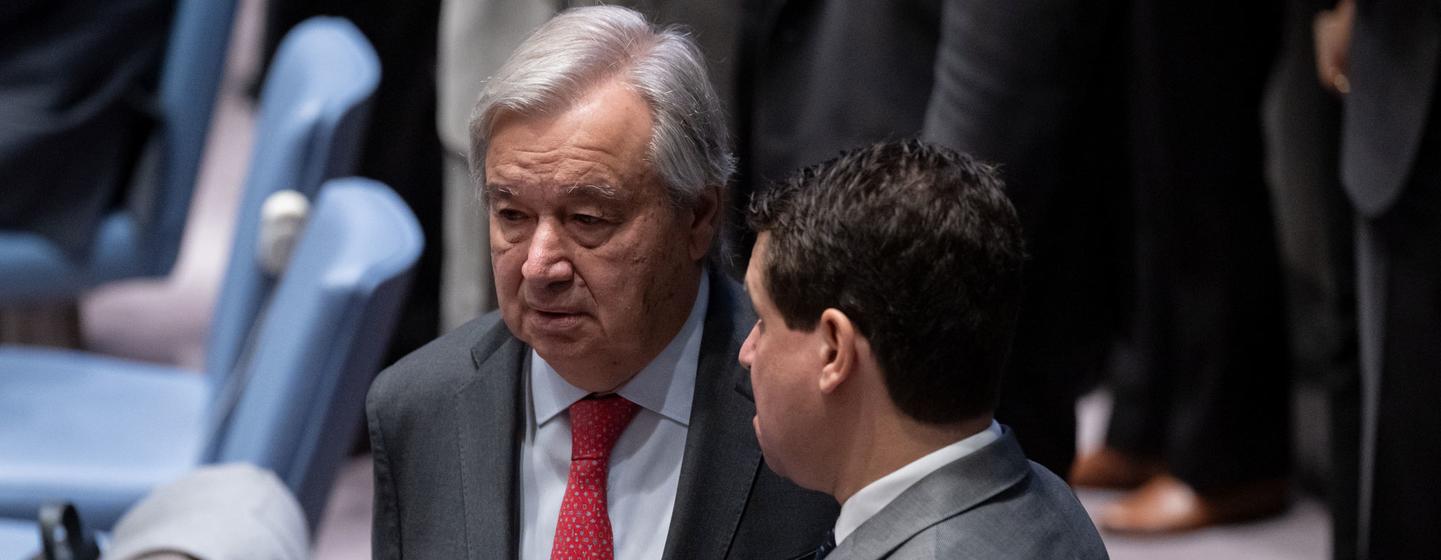 Le Secrétaire général de l'ONU, António Guterres, lors d'une réunion du Conseil de sécurité sur la situation au Moyen-Orient, y compris la question palestinienne.