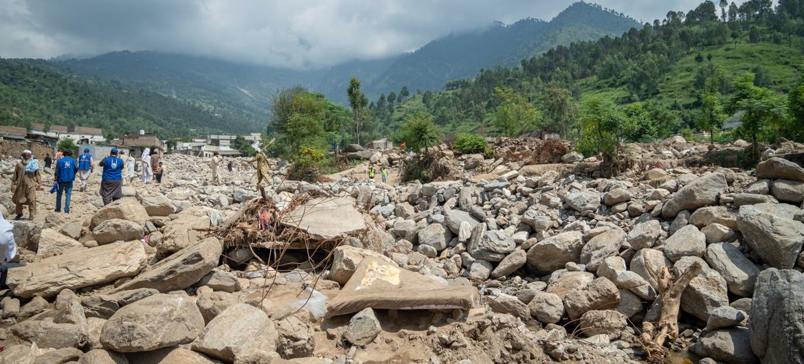 In Buner, northern Pakistan, flash floods turned mountain streams into fields of boulders, with iron rods protruding like rusted crops.