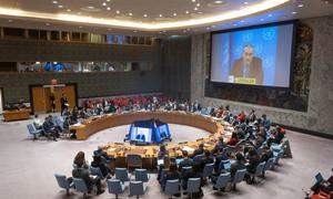 A wide view of the UN Security Council meeting on the Middle East on Monday 24 November. Ramiz Alakbarov (on screen), Deputy Special Coordinator for the Middle East Peace Process, briefed ambassadors.
