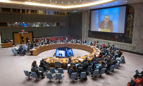 A wide view of the UN Security Council meeting on the Middle East on Monday 24 November. Ramiz Alakbarov (on screen), Deputy Special Coordinator for the Middle East Peace Process, briefed ambassadors.