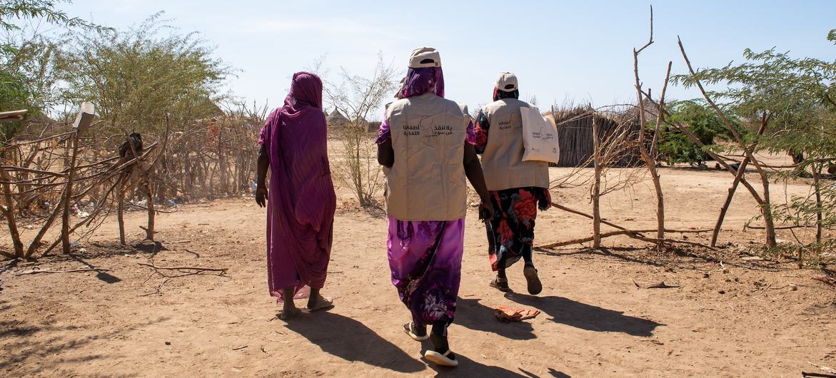 Health volunteers, alongside a UNICEF nutrition specialist, conducting a door-to-door campaign in eastern Sudan. More than 24 million Sudanese are facing high levels of acute food insecurity.