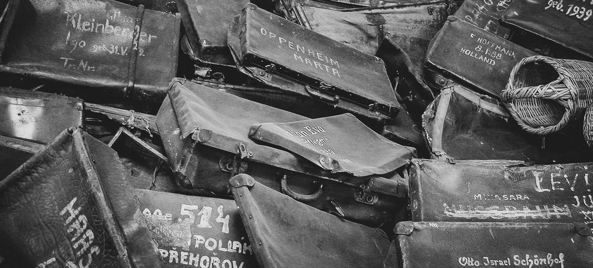 Suitcases and bags confiscated from prisoners at a concentration camp in Auschwitz, Poland.