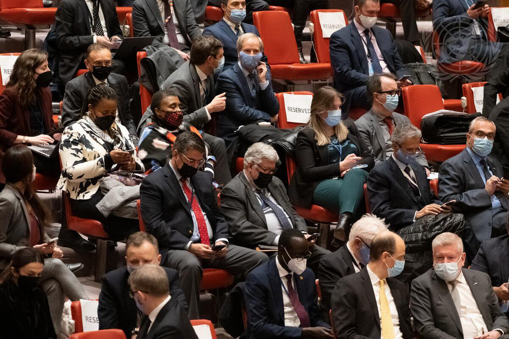 与会代表们戴着口罩，在联合国安理会会议室举行正式会议。
