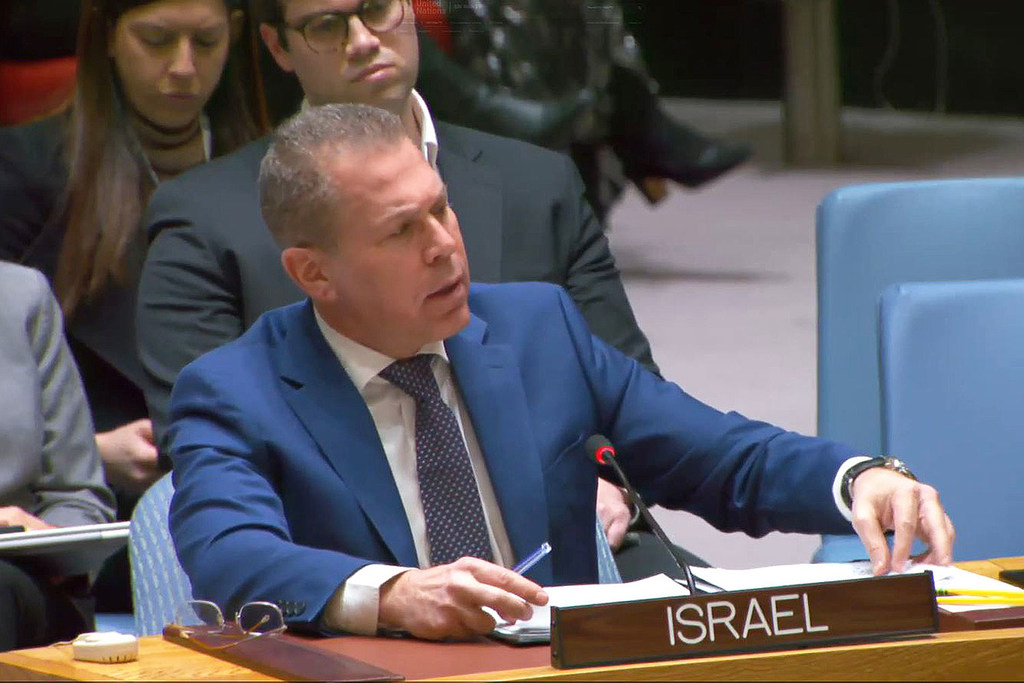 Ambassador Gilad Erdan, Permanent Representative of Israel to the UN, addresses the Security Council meeting on the situation in the Middle East, including the Palestinian question.