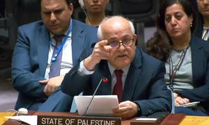 El embajador Riyad Mansour, representante permanente del Estado de Palestina ante las Naciones Unidas, se dirige a la reunión del Consejo de Seguridad sobre la situación en Oriente Medio, incluida la cuestión palestina.