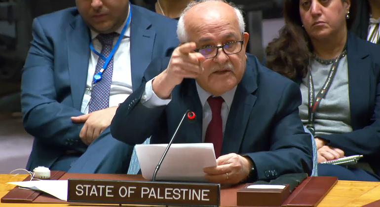 المراقب الدائم لفلسطين لدى الأمم المتحدة رياض منصور يتحدث أمام مجلس الأمن الدولي.
