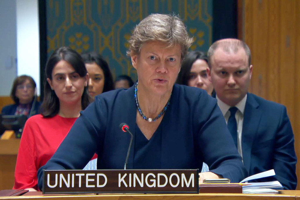 Veleposlanica Barbara Woodward, stalna predstavnica Ujedinjenog Kraljevstva pri UN-u, obraća se na sastanku Vijeća sigurnosti o situaciji na Bliskom istoku, uključujući palestinsko pitanje.