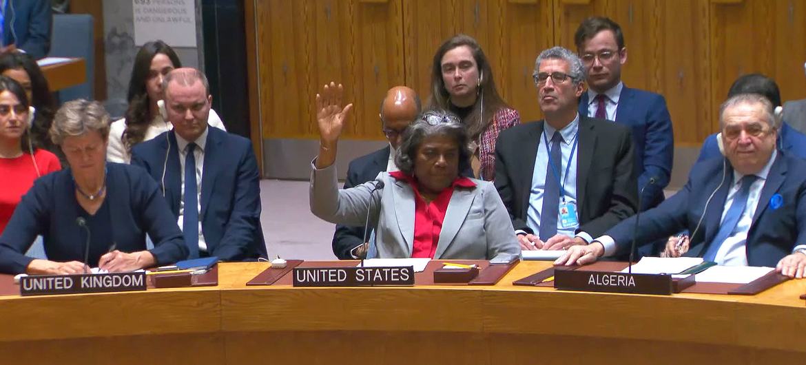 Ambassador Linda Thomas-Greenfield, Permanent Representative of the United States to the UN, votes on the resolution demanding an immediate ceasefire in Gaza for the month of Ramadan.