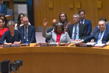 Ambassador Linda Thomas-Greenfield, Permanent Representative of the United States to the UN, casts her abstention during voting on the resolution demanding an immediate ceasefire in Gaza for the month of Ramadan.