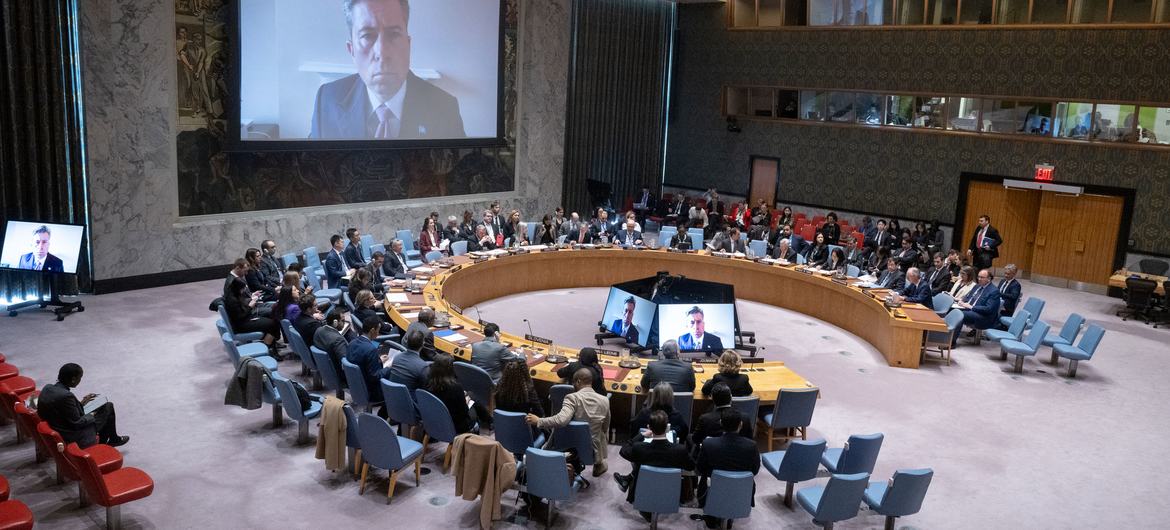 رسمی لباس میں مندوبین UN سلامتی کونسل کے چیمبر میں لکڑی کی ایک بڑی، خمیدہ میز کے گرد بیٹھے ہیں۔ ایک بڑی اسکرین ویڈیو کانفرنس کے ذریعے میٹنگ میں حصہ لینے والے ایک سوٹ میں ایک آدمی کو دکھاتی ہے۔