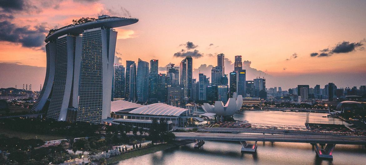 The Marina Bay area in Singapore during golden hour.