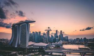 The Marina Bay area in Singapore during golden hour.