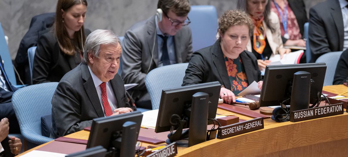 UN Secretary-General António Guterres addresses an emergency session of the UN Security Council on Sudan at UN headquarters in New York.