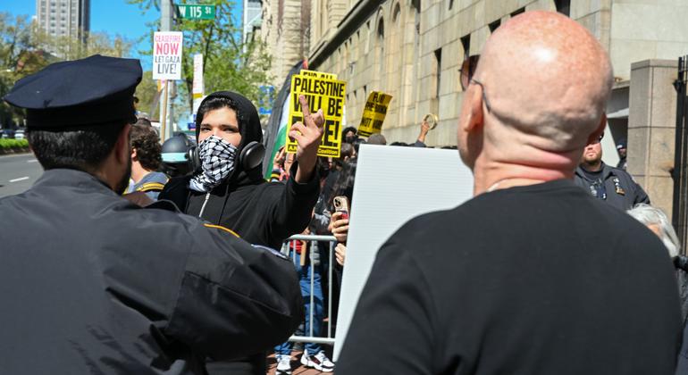 Protesters demonstrate outside the Columbia University campus in New York City.