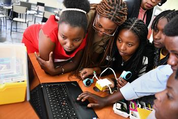 Girls attend a robotics bootcamp in Rwanda.