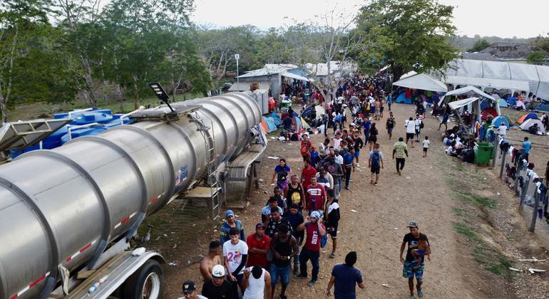 Migrantes exhaustos dan los últimos pasos para salir de la selva del Darién y entrar en una comunidad.