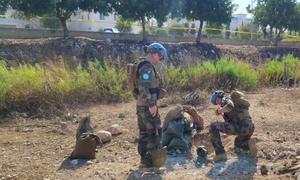 A specialist UNIFIL bomb disposal team deals with unexploded ordnance close to the mission's Green Hill Camp (file photo).