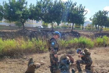 A specialist UNIFIL bomb disposal team deals with unexploded ordnance close to the mission's Green Hill Camp (file photo).