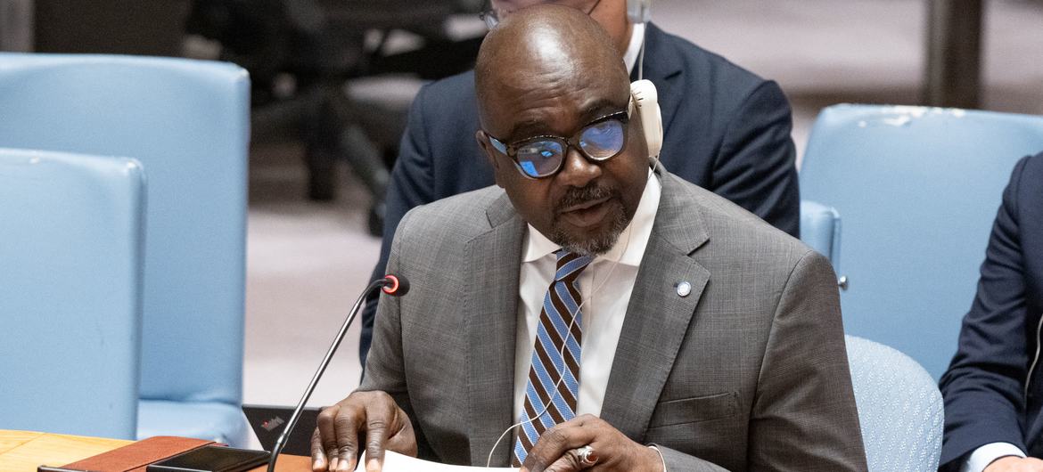 Adedeji Ebo, Deputy to the High Representative of the UN Office for Disarmament Affairs, briefs the Security Council meeting on threats to international peace and security.
