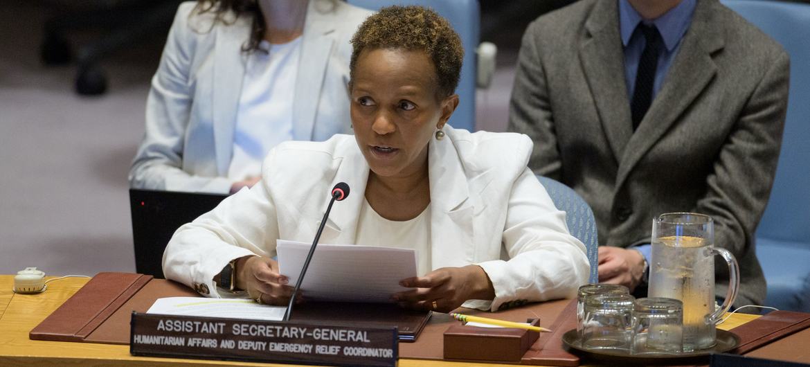 Joyce Msuya, UN Deputy Emergency Relief Coordinator, briefs the Security Council meeting on maintenance of peace and security of Ukraine.