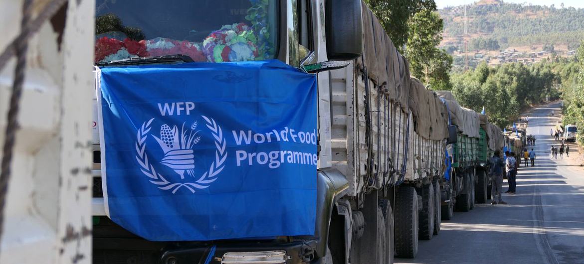 WFP convoy trucks delivering food and nutrition supplies to Adi Harush, Mai Aini, Mekelle and Shire in Tigray, Ethiopia.