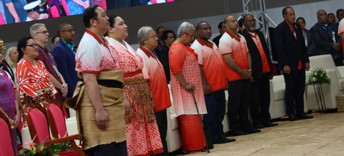 UN Secretary-General António Guterres (center) joins other participants at the opening ceremony of the 53rd Pacific Islands Forum in Tonga.