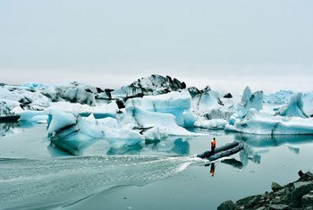 The Jökulsárlón Glacier Lagoon in Iceland, part of a World Heritage Site, is formed naturally from melted glacial water and is perpetually growing while big blocks of ice crumble from a shrinking glacier.