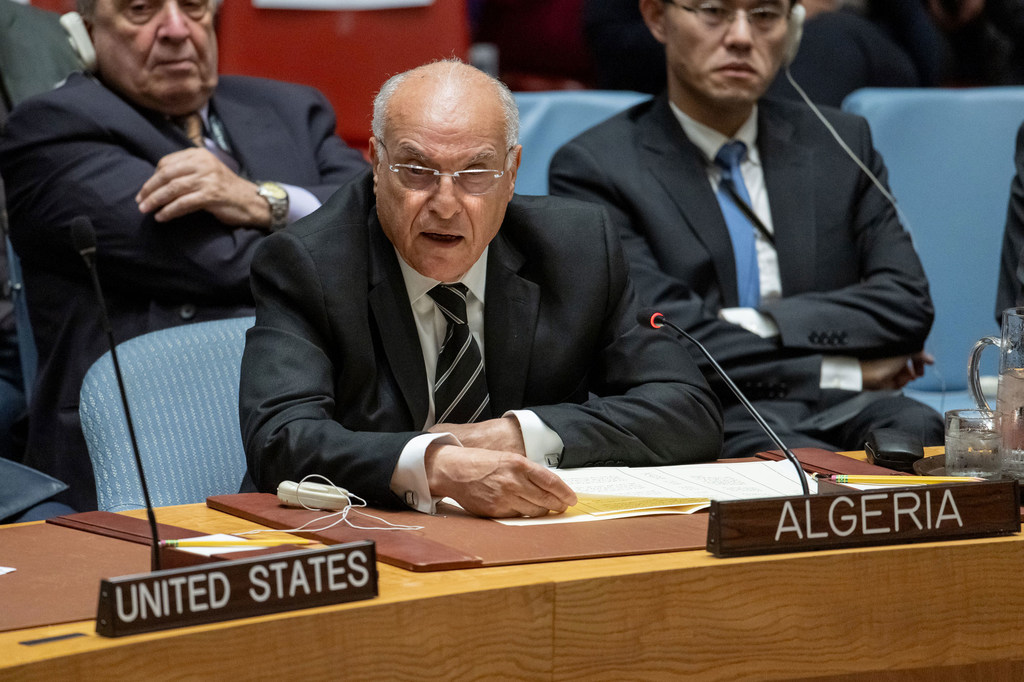 Foreign Minister Ahmed Attaf of Algeria addresses the Security Council meeting on the situation in Lebanon.