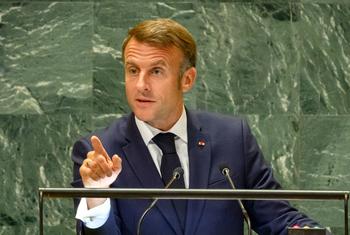 Le Président français Emmanuel Macron s’exprime lors du débat général de la soixante-dix-neuvième session de l’Assemblée générale.