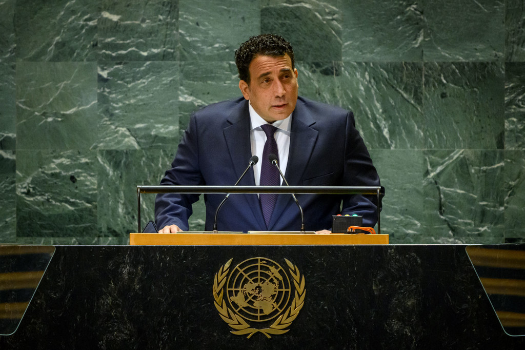 محمد المنفي، رئيس المجلس الرئاسي الليبي، يلقي كلمة في المناقشة العامة للدورة 79 للجمعية العامة.