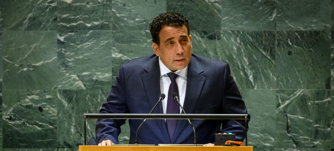 محمد المنفي، رئيس المجلس الرئاسي الليبي، يلقي كلمة في المناقشة العامة للدورة 79 للجمعية العامة.