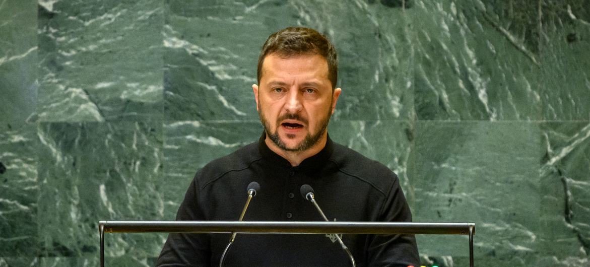 یوکرین کے صدر وولودیمیر زیلنسکی اقوام متحدہ کی جنرل اسمبلی کے 79ویں سالانہ اجلاس سے خطاب کر رہے ہیں۔