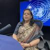 भारत के पर्यावरण, वन और जलवायु परिवर्तन मंत्रालय की सचिव सुश्री लीना नंदन एक मेज पर बैठी हैं, उनके सामने एक माइक्रोफोन रखा है और उनके पीछे एक स्क्रीन पर United Nations का लोगो प्रदर्शित हो रहा है।