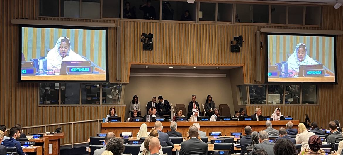 (على الشاشة) الناشطة السودانية نسرين الصائم تتحدث في فعالية بعنوان: "تكلفة التقاعس عن العمل في السودان". عقدها مكتب الأمم المتحدة لتنسيق الشؤون الإنسانية ومفوضية شؤون اللاجئين مع المملكة العربية السعودية ومصر والولايات المتحدة الأمريكية والاتحادين الأفري…