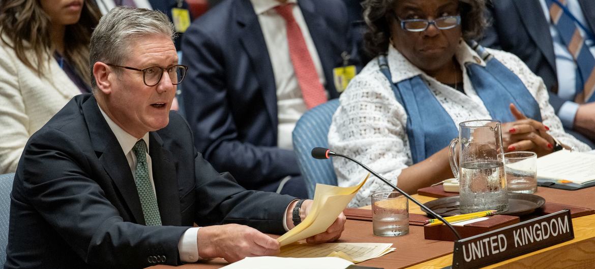 Keir Starmer (left), Prime Minister of the United Kingdom, addresses the Security Council meeting on the maintenance of international peace and security.