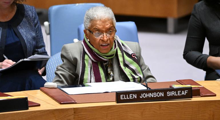 Ellen Johnson Sirleaf, the former President of Liberia, addresses the Security Council meeting on the maintenance of international peace and security, in 2024. Ellen Johnson Sirleaf, the former President of Liberia, addresses the Security Council meeting on the maintenance of international peace and security, in 2024.
