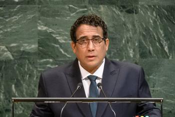 Mohamed Younis A Menfi, President of the Presidential Council of the State of Libya, addresses the general debate of the General Assembly’s eightieth session at a podium in New York.